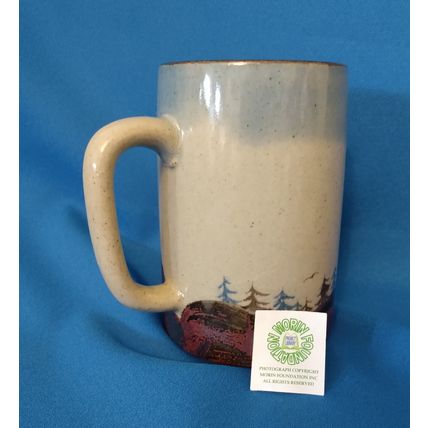 CERAMIC TANKARD NEW ENGLAND MOUNTAIN SCENE with PINE TREES and BIRDS + RECIPES