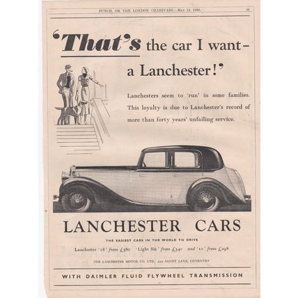 1936 LANCHESTER MOTOR CAR MAGAZINE ADVERT