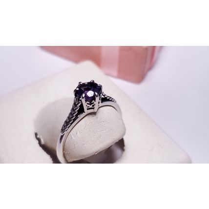 Estate 3/4ct round Amethyst scroll basket feather sides SterlingSilver Ring22243