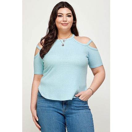 Women's Plus Size, Solid Ribbed Cold Shoulder Top