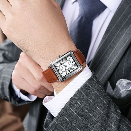 Gents White Tank Square Face Roman Numerals Brown Genuine Leather Strap Watch