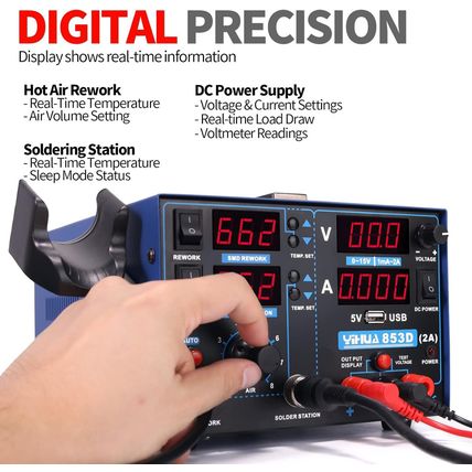 YIHUA 853D 2A USB SMD Hot Air Rework Soldering Iron Station, DC Power Supply 0-1
