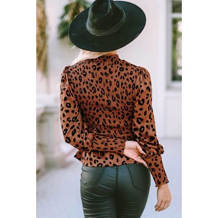 Brown Leopard Smocked Puff Sleeve Peplum Top