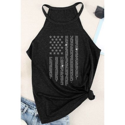 Black Shiny American Flag Printed O Neck Graphic Tank Top