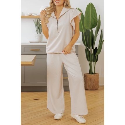 Apricot Textured Ruffled Sleeve Zipped Top and Wide Leg Pants Set