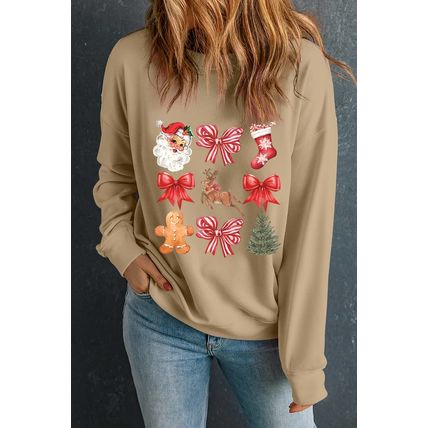 Khaki Christmas Pattern Graphic Crew Neck Sweatshirt