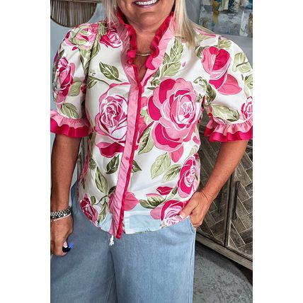 Rose Plus Size Floral Print Frilled Stripes Detail Short Sleeve Blouse
