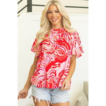 Red Abstract Print Ruffled Short Sleeve Mock Neck Blouse