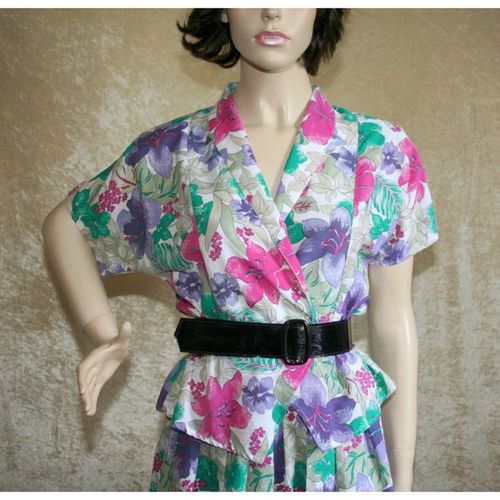 Vintage 1980 Bold Floral Peplum Jacket Skirt Suit Size 10