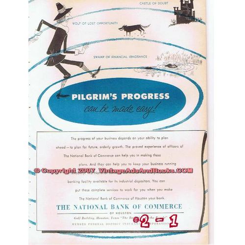 NATIONAL BANK OF COMMERCE 1955 pilgrims progress oil gas vintage ad