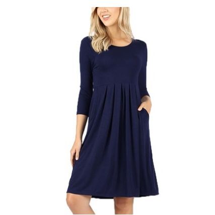 3/4 Sleeve Pleated Dress With Pockets With Plus Size Navy Medium (8 -10)