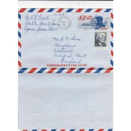 United States 1971 13c+1c Aerogramme Anderson AFB-Ashford UK written VGC
