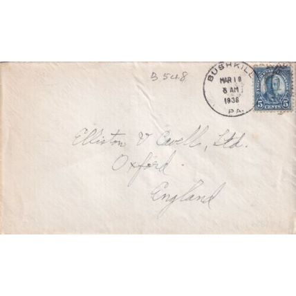 United States 1936 Bushkill PA-Oxford UK Cover Bushkill cancel written