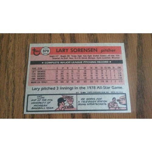 1981 Topps Card # 379 Lary Sorensen Excellent-Mint (6) MIlwaukee Brewers
