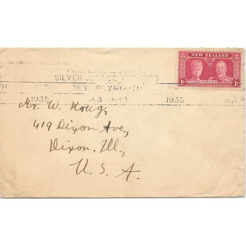 New Zealand Silver Jubilee 1935 with Stamp and Roller Cancel New Plymouth to USA
