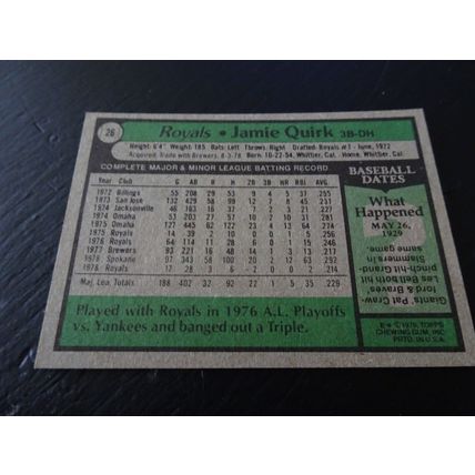 1979 Topps Card # 026 Jamie Quirk Excellent-Mint (6) Kansas City Royals