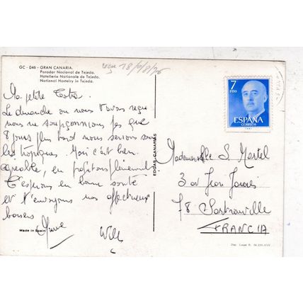 Gran Canaria Parador Nacional de Tejeda Spain Postcard posted 1976 VGC