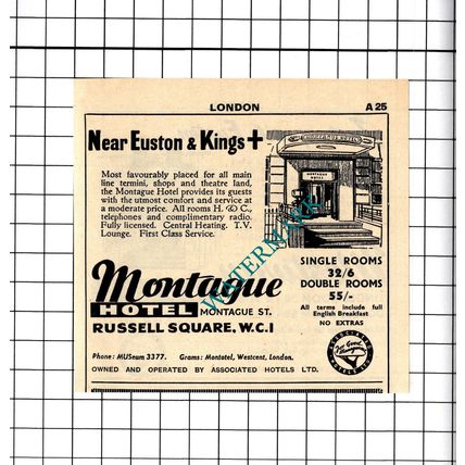 Westway Hotel London / Montague Hotel Russell Square Small Advert -1958 Cutting