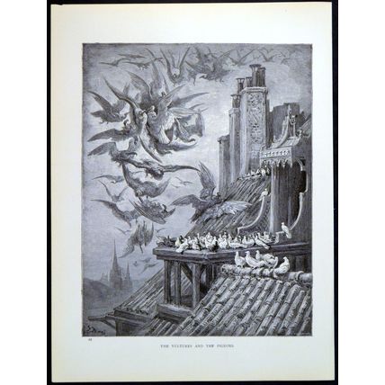 VULTURES AND THE PIGEONS 1885 Gustave Doré Jean de La Fontaine ANTIQUE ENGRAVING