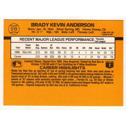 1989 Donruss Brady Anderson rookie baseball card #519 – *denotes