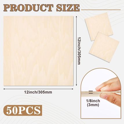 50 Pack Basswood Sheets for Crafts,12"X12"X1/8" 3Mm Thick Plywood Sheets with Sm