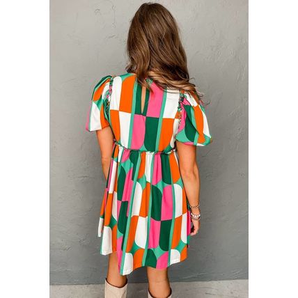 Green Abstract Print Puff Sleeve Short Dress