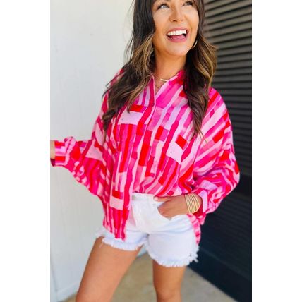 Pink Abstract Print Batwing Sleeve Casual Shirt