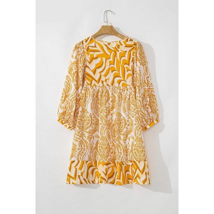 Orange Bohemian Print Puff Sleeve Tied V Neck Flared Mini Dress