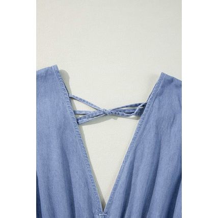 Myosotis Chambray Deep V Neck Bracelet Sleeve Maxi Dress