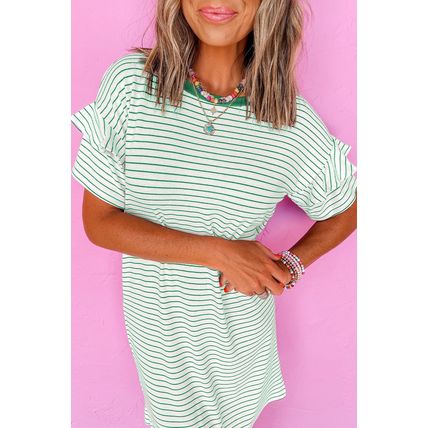 Green Stripe Ruffled Short Sleeve Crew Neck T Shirt Shift Mini Dress