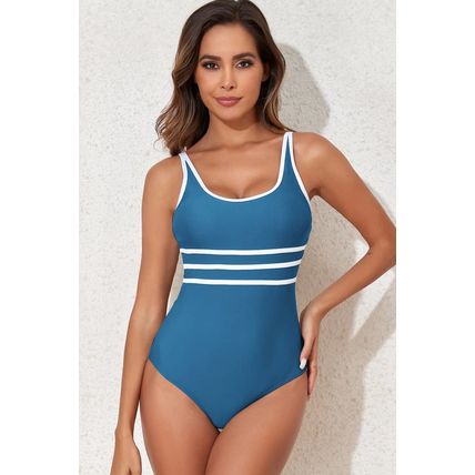 Dark Blue Contrast Trim Colorblock U Neck One Piece Swimwear