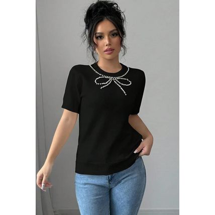 Black Pearl Bow Necklace Embellished Short Sleeve Knitted T Shirt