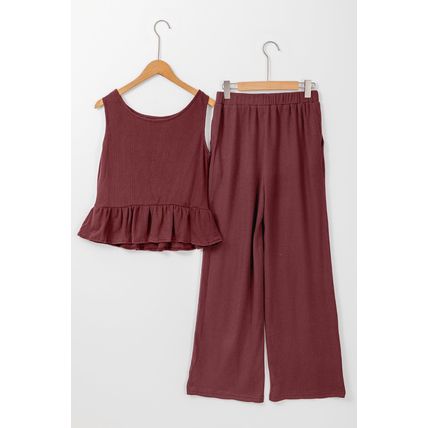 Red Dahlia Solid Color Ribbed Ruffle Tank Top and Pants Set