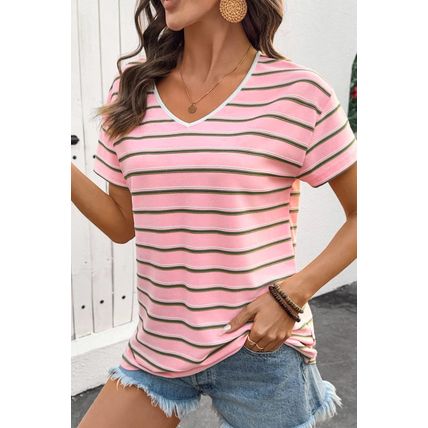 Pink Stripe V Neck Slim Fit Casual T Shirt