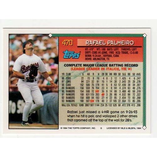 1994 Topps Rafael Palmeiro baseball card #470 -Rangers