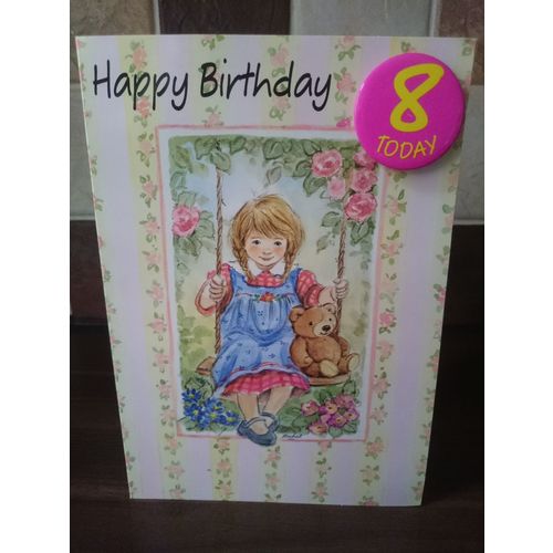 Age 8 Birthday Card with Badge (girls) - 002
