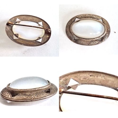 Antique Art Deco Sterling Silver Brooch Pin Engraved White Moonstone Oval Brooch