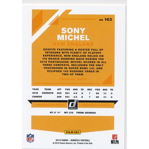 2019 Donruss Football Base 163 Sony Michel New England Patriots
