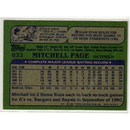 1982 Topps baseball card 633 Mitchell Page- Atheltics