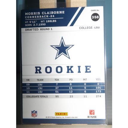 2012 Panini Score MORRIS CLAIBORNE (Dallas Cowboys) Rookie Card #358