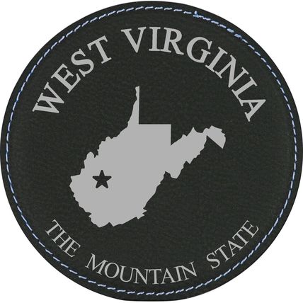 State Outline with Motto 4" Round Leather 6-Coaster Set with Holder