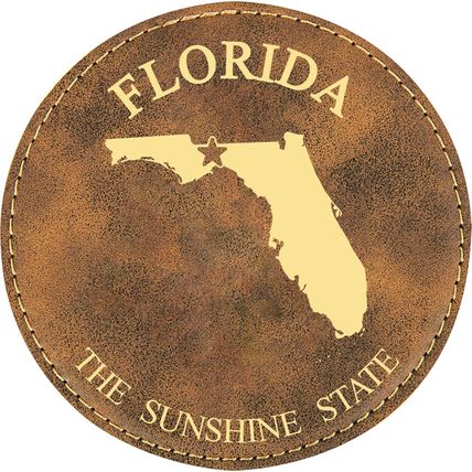 State Outline with Motto 4" Round Leather 6-Coaster Set with Holder
