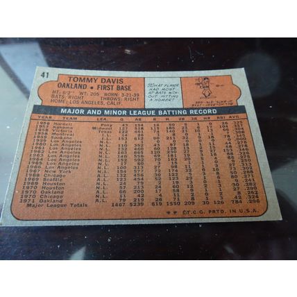 1972 Topps Card # 041 Tommy Davis Poor (1) Oakland Athletics