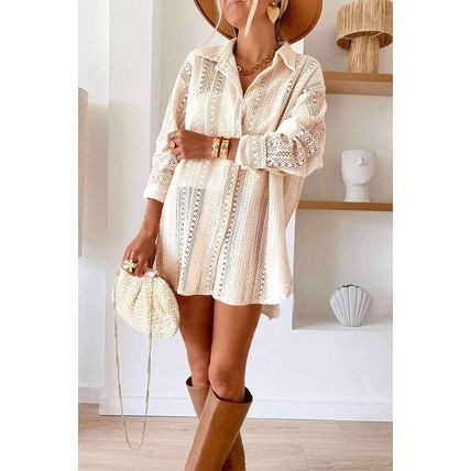 Beige Lace Crochet Collared Tunic Oversized Shirt