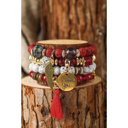 Red Dahlia 4pcs Boho Disc Tassel Wing Pendant Beaded Bracelet Set
