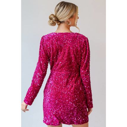 Pitaya Pink Velvet Sequin Long Sleeve V Neck Wrapped Mini Dress