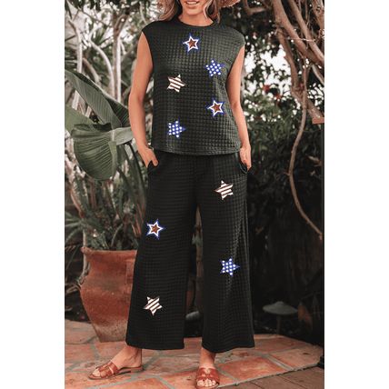 Color black Sequined Star Textured Cap Sleeve Tee and Cropped Wide Leg Pants Set