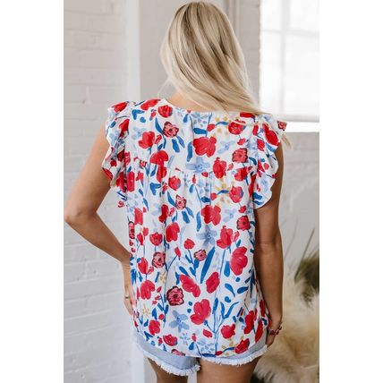 Red Flowers Pintuck Detail V-Neck Ruffled Sleeve Top