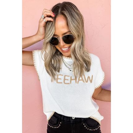 White Knitted YEEHAW Stitch Edge Crew Neck Sweater T Shirt