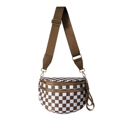 Chestnut Checkered Print Wide Strap Large Crossbody Bag